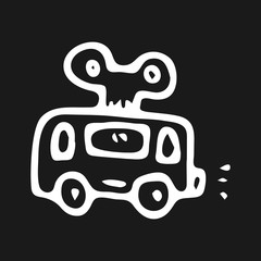 Hand drawn toy bus doodle. Sketch children's toy icon. Decoration element. Isolated on black background. Vector illustration