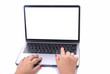 © TANAPAT - Woman's hands typing on a keyboard with blank screen laptop.