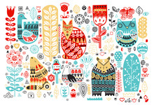 Nordic Animals And Birds And Floral Folk Elements In Scandinavian Style