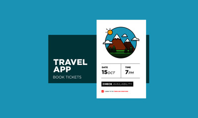 Travel App with Hills Mountains With Trees Clouds and Sun UX and UI For Phone Screen