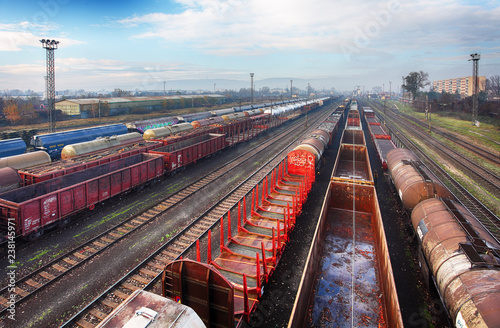 Cuadros en Lienzo Cargo train platform at sunset with container