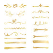 Hand drawn golden gradient borders, brackets, swirls, dividers set. Vector ink brush elements.