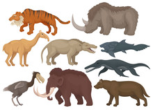 Flat Vector Set Of Different Extinct Prehistoric Animals. Fishes, Bird And Wild Mammal Beasts. Wildlife Theme