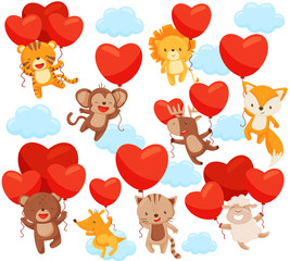 Canvas Print - Set of cute animals flying in the sky with heart-shaped balloons. Love theme. Flat vector elements for postcard