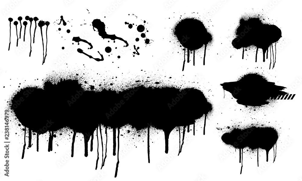 Spray graffiti stencil template. Isolated collection. Black splashes ...