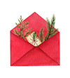 Watercolor vector postal envelope with green fir branches and a gift.