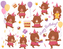 Set Of Happy Girl Bear In Different Actions. Adorable Humanized Animal. Flat Vector Elements For Birthday Postcard