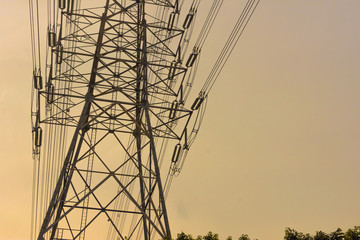 Wall Mural - Electricity concept. Close up high voltage power lines station.