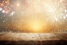 Empty Wooden Table In Front Of Fireworks Background. Product Display Montage.