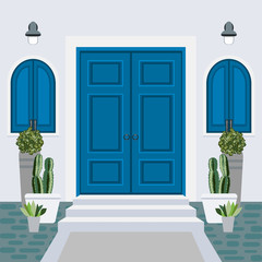 House door front with doorstep and mat, steps, window, lamp, flowers, building entry facade, exterior entrance design illustration vector in flat style