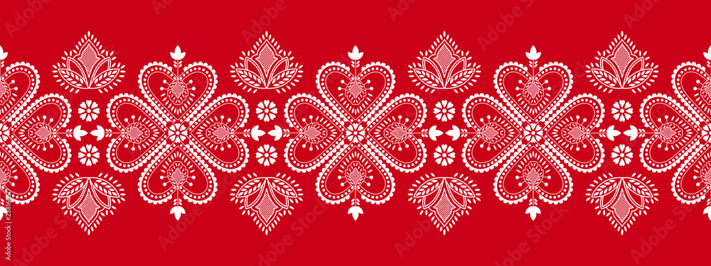 Folklore floral Nordic Scandinavian pattern vector. Ethnic border ornament with snowflakes, flowers and hearts. Finnish, Swedish and Norwegian embroidery style holiday decoration. - obrazy, fototapety, plakaty 