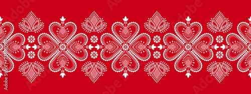 Cotton fabric Folklore floral Nordic Scandinavian pattern vector. Ethnic border ornament with snowflakes, flowers and hearts. Finnish, Swedish and Norwegian embroidery style holiday decoration.