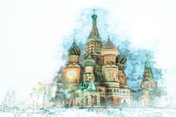 Fototapete - Stylized by watercolor sketch painting of  beautiful St. Basil Cathedral, Moscow, Russia on a textured paper. Retro style postcard.