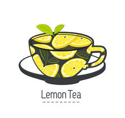 Wall Mural - hand drawn cup of  lemon tea, creative logo. Element for design invitations, gift cards, flyers and brochures. Illustration isolated on white background.