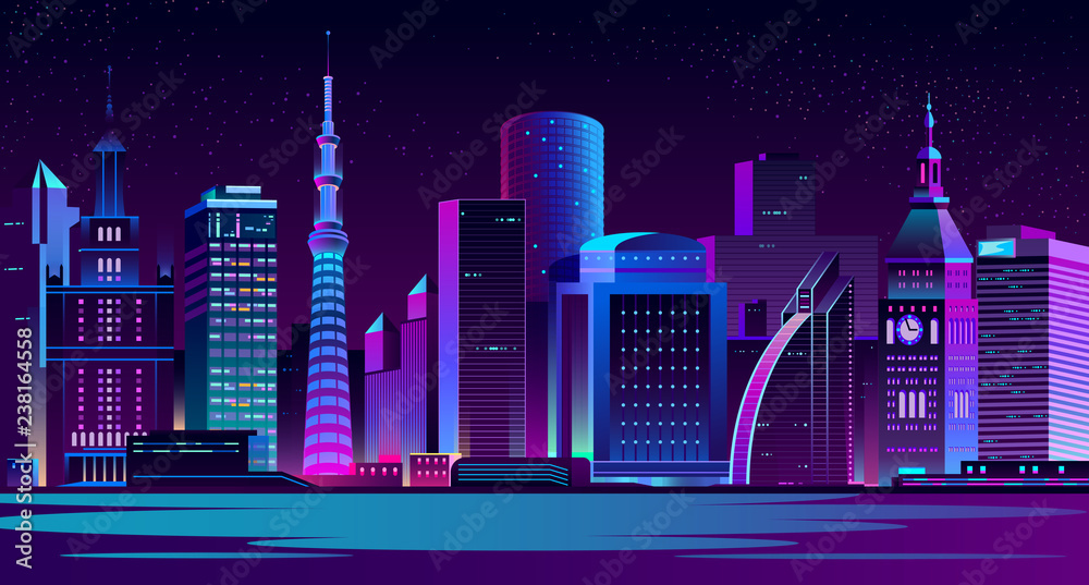 Fotografering Night landscape of metropolis on river shore cartoon vector illustration with illuminated neon light, futuristic architecture skyscrapers, clock tower on old city hall building