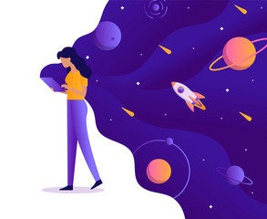 Fototapete - Girl holding a tablet from which flows space. Creativity, generation of new ideas, creation of applications, programs and websites. Web development business concept. Flat vector illustration.