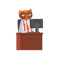 Sticker - Businessman cat sitting at the desk and working at the computer, humanized animal cartoon character in a suit at work vector Illustration