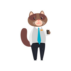 Sticker - Businessman cat standing with cup of tea, humanized animal cartoon character at work vector Illustration