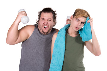 Two funny guys and fitness. White background. 