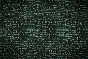Basic math equations and formulas, white chalk lettering on school black chalkboard