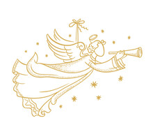 Golden Isolated Angel Silhouette  Hanging On A Cord And Snowflakes