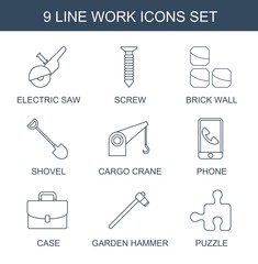 Poster - work icons. Trendy 9 work icons. Contain icons such as electric saw, screw, brick wall, shovel, cargo crane, phone, case, garden hammer, puzzle. work icon for web and mobile.