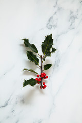 Wall Mural - Christmas layout made from festive holly leaves on a white marble background