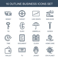 Aufkleber - business icons. Trendy 16 business icons. Contain icons such as money, target, line graph, man shoe, tie, euro, umbrella, screw, time, document. business icon for web and mobile.
