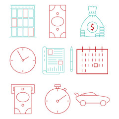 Set icons on the theme of finance and business. Vector illustration notebook, pen, money bag, dollar sign, banknote.