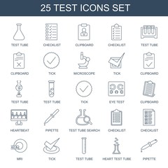 Sticker - test icons. Trendy 25 test icons. Contain icons such as test tube, checklist, clipboard, tick, microscope, eye test, heartbeat, pipette, test tube search. test icon for web and mobile.