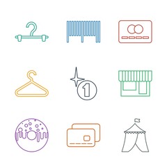 Sticker - 9 sale icons. Trendy sale icons white background. Included line icons such as tent, credit card, donut, store, explosion, hanger, bar code. sale icon for web and mobile.