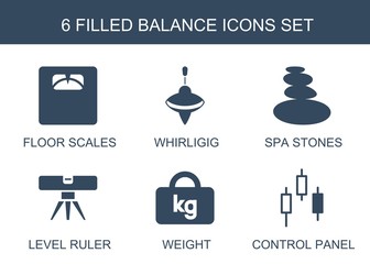 Wall Mural - 6 balance icons. Trendy balance icons white background. Included filled icons such as floor scales, whirligig, spa stones, level ruler, weight. balance icon for web and mobile.