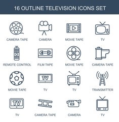 Poster - television icons. Trendy 16 television icons. Contain icons such as camera tape, camera, movie tape, TV, remote control, film tape, transmitter. television icon for web and mobile.