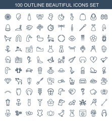 Poster - beautiful icons. Trendy 100 beautiful icons. Contain icons such as woman hairstyle, dress, flower, goose, lotus, corset, baby, tulip, cotton buds. beautiful icon for web and mobile.