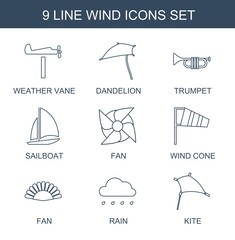 Sticker - wind icons. Trendy 9 wind icons. Contain icons such as weather vane, dandelion, trumpet, sailboat, fan, wind cone, rain, kite. wind icon for web and mobile.