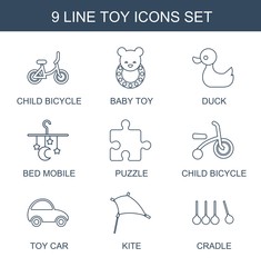 Poster - 9 toy icons. Trendy toy icons white background. Included line icons such as child bicycle, baby toy, duck, bed mobile, puzzle, toy car, kite, cradle. toy icon for web and mobile.