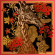 Floral print. Geranium flowers and leaves and Head of African animal giraffe close-up.