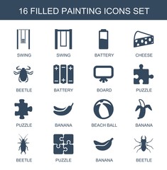 Aufkleber - painting icons. Trendy 16 painting icons. Contain icons such as swing, battery, cheese, beetle, board, puzzle, Banana, beach ball, banana. painting icon for web and mobile.