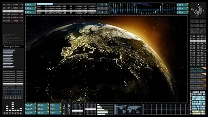 Wall Mural - Hi-Tech HUD digital display information. Sunrise Planet earth with night time city from space animation using satellite imagery (NASA)