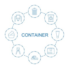 Canvas Print - container icons. Trendy 8 container icons. Contain icons such as trash bin, cargo ship, recycle bin, tank, cargo container, garden tools, cream. container icon for web and mobile.