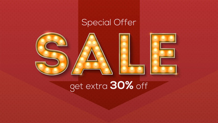 Poster - Sale and discount. Retro letters with glowing light bulb in Broadway or circus style. Handwritten calligraphic text. Vector banner, illustration for discounts actions in shops and markets