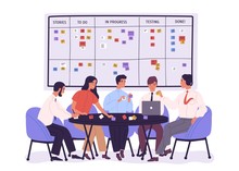 Group Of People Or Office Workers Sitting Around Table And Discussing Work Issues Against SCRUM Task Board With Sticky Notes. Team Working Under Project. Vector Illustration In Flat Cartoon Style.