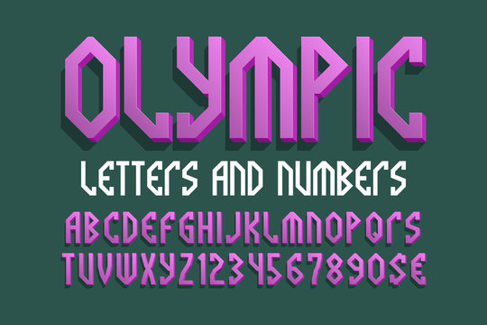Olympic letters and numbers with currency signs. Purple stylish 3d font. Isolated english alphabet.