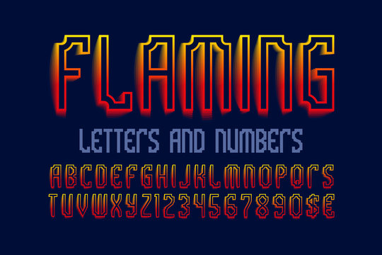 Flaming letters and numbers with currency signs. Red yellow artistic font. Isolated english alphabet.