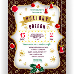 Wall Mural - Poster for winter holiday bazaar. Christmas decorative items, golden banner and snowflakes.