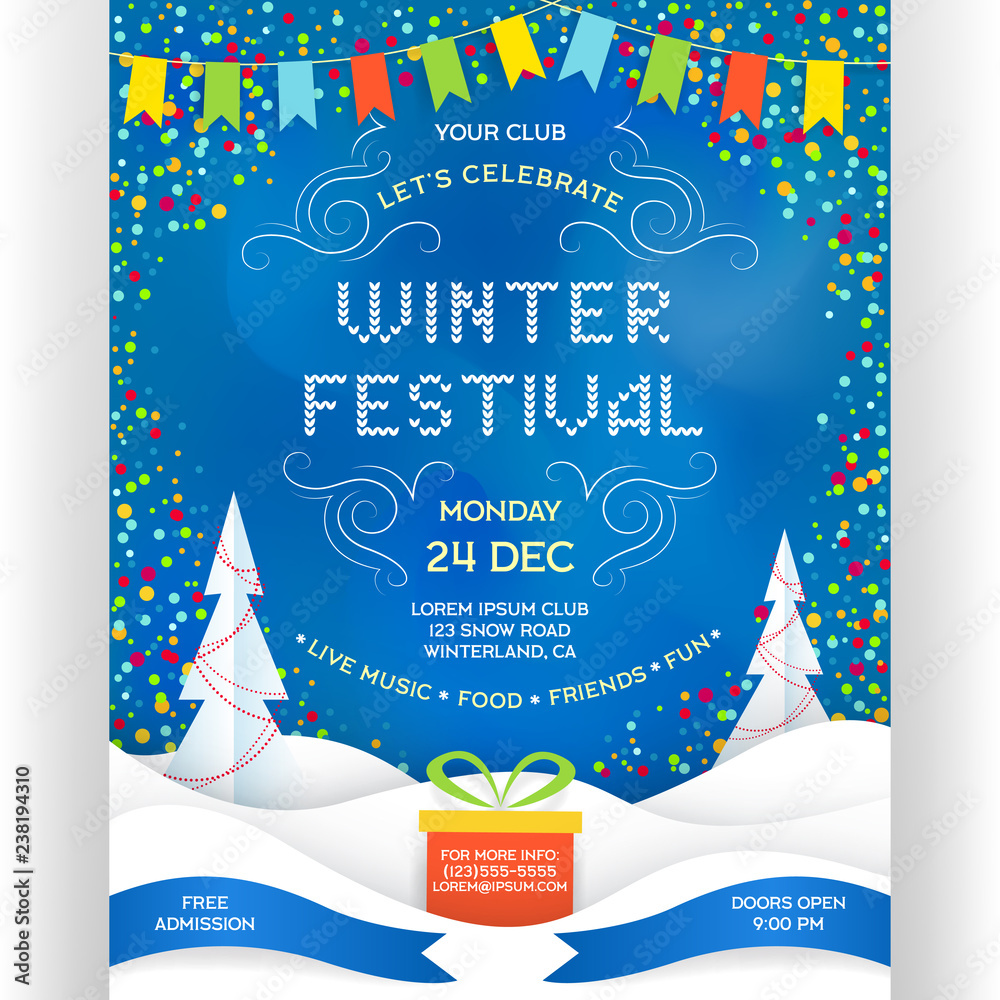 Poster for winter festival. Invitation flyer with paper cut effect ...