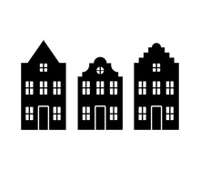 Vector Set Of Traditional Old Europe Buildings Like Amsterdam Houses. Isolated Black Simplified Silhouette