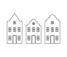 Vector Set Of Traditional Old Europe Buildings Like Amsterdam Houses. Isolated Black Line Simplified Silhouette