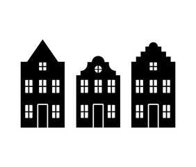 Vector set of traditional old Europe buildings like Amsterdam houses. Isolated black simplified silhouette