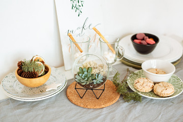 Wall Mural - Decorative houseplants. Florarium with fresh flowers on the table in the kitchen decorated for Christmas.